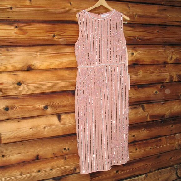 MAC DUGGAL 70260 Womens Rose Striped Floral Embellished Sleeveless Midi Dress - Picture 6 of 13